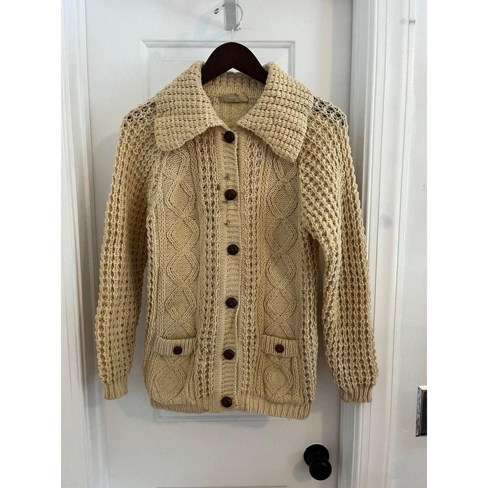Vintage Carraig Handloomed Irish Aran Wool Cable Knit Cardigan